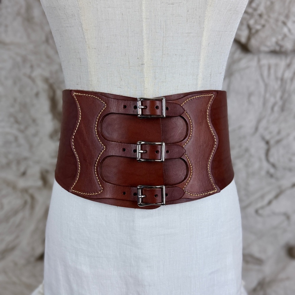 Ralph Lauren c. 2002 Leather Kidney Corset Belt Rockies Brown | S